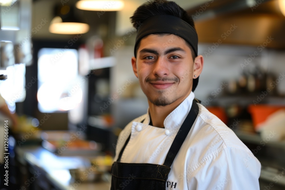 Fototapeta premium Portrait of a young male Hispanic chef in kitchen setting