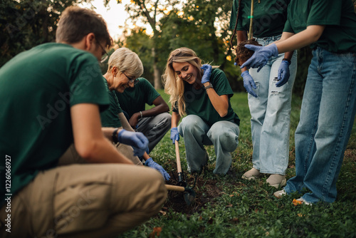Group of volunteers planting trees in the park