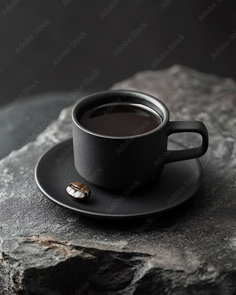 Fototapeta premium A single cup of coffee sits on a dark stone surface, accompanied by a single coffee bean.