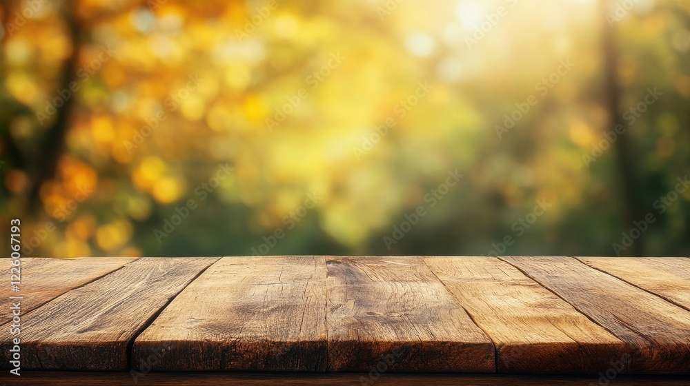 A rustic wooden table in the foreground with a blurred, sunlit autumn background featuring warm-colored leaves. A rustic wooden table in the foreground with a blurred, sunlit autumn background featuring warm-colored leaves.