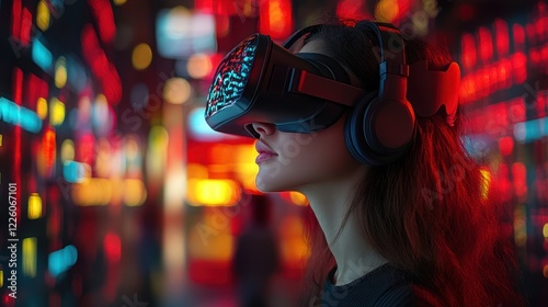 VR headset user immersed in futuristic city lights experience photo