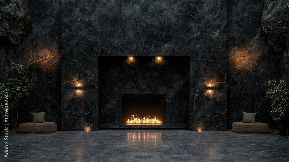 Luxurious dark marble fireplace lounge interior design