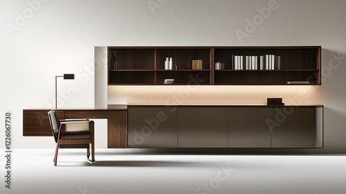 Minimalist living room with sleek furniture and an empty wall, ideal for product mockups. AI generated