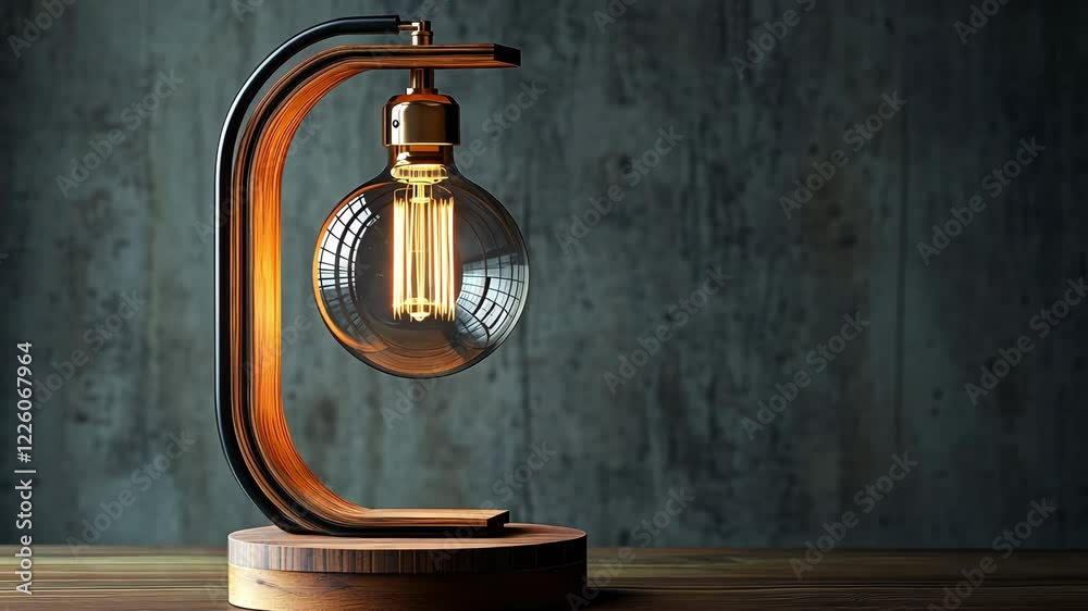 A retro-industrial table lamp with a suspended Edison bulb inside a curved wooden frame, set against a rustic wooden background.