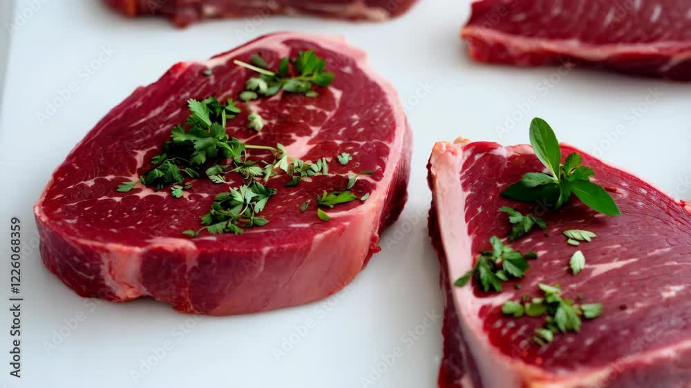 Fresh raw steaks seasoned with herbs, ready for cooking, ideal for gourmet meals and barbecue preparations. Fresh raw steaks seasoned with herbs, ready for cooking, ideal for gourmet meals and barbecue preparations.