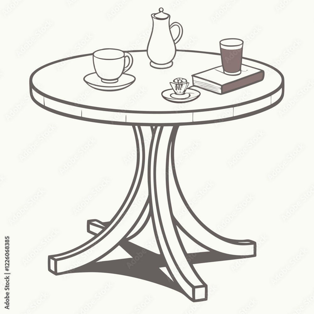 Simple Line Art Illustration of a Round Wooden Table with Coffee Cups, Book, and Jug Simple Line Art Illustration of a Round Wooden Table with Coffee Cups, Book, and Jug