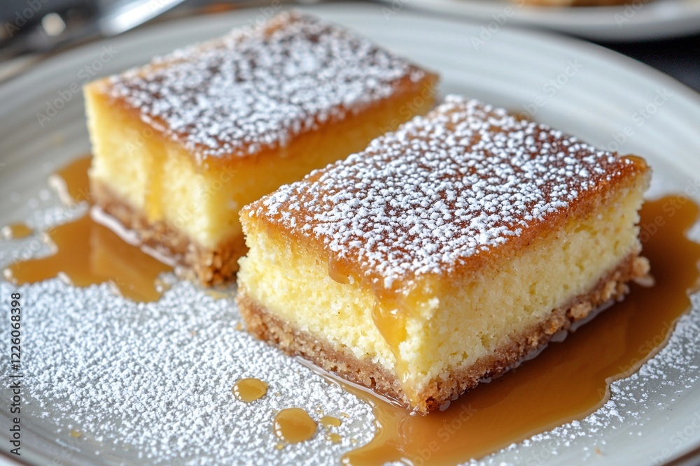 Deliciously layered dessert featuring a creamy filling and a golden crust, served with a drizzle of caramel