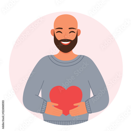 Bald and bearded man in love holding a heart. Vector illustration