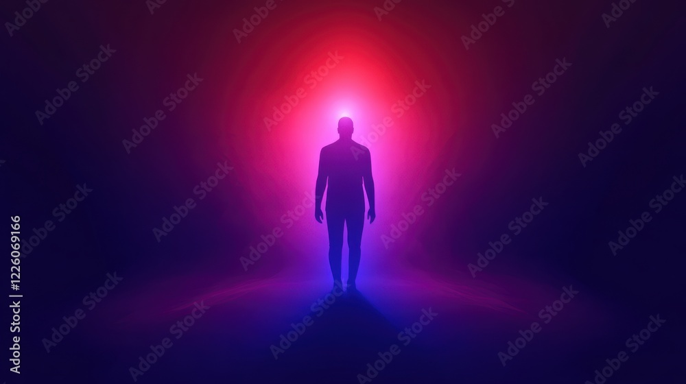 A silhouetted figure stands in a vibrant backdrop of purple and red light, creating a mysterious and ethereal atmosphere. A silhouetted figure stands in a vibrant backdrop of purple and red light, creating a mysterious and ethereal atmosphere.
