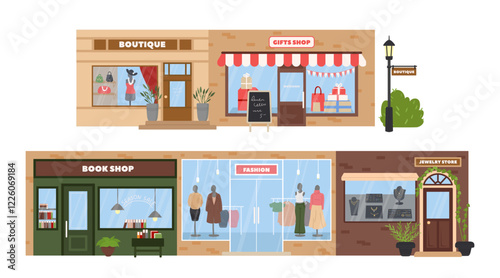 Boutique, gifts shop, bookshop, fashion market, jewelry store windows showcase front view set