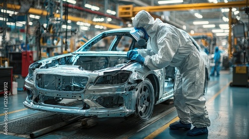 Auto Worker Inspecting Car Body During Manufacturing