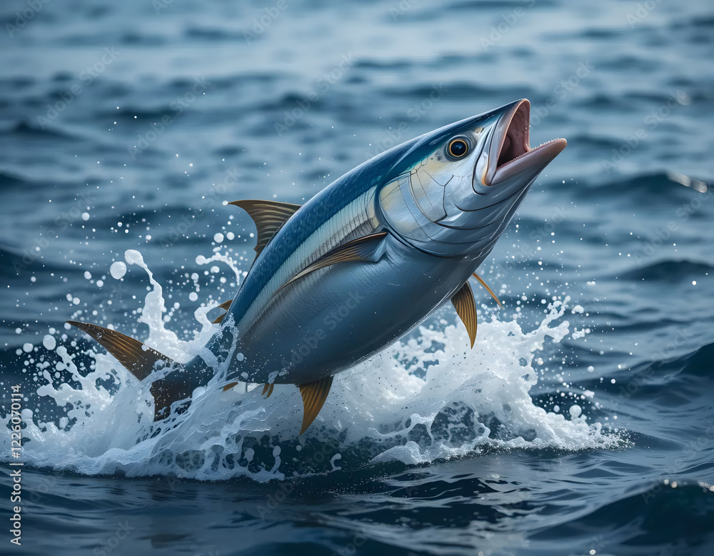 Fototapeta premium A yellowfin tuna leaps out of the water with its mouth wide open. This dynamic action shot captures the power and speed of this popular game fish. Perfect for fishing, marine biology, and wildlife-the