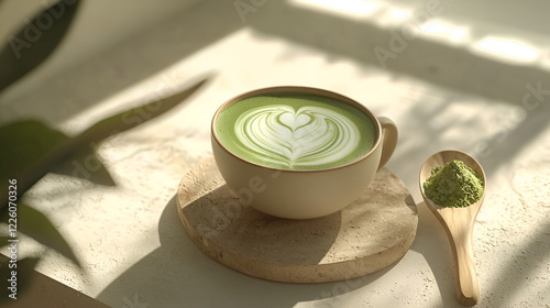 A serene moment with a cup of matcha latte art, sunlight casting shadows on a minimalist setting.