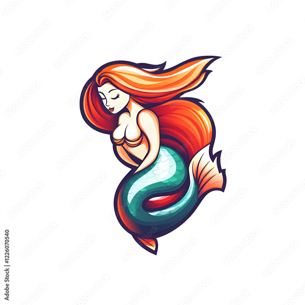 Fototapeta premium Cartoon Style Mermaid Logo Icon Illustration White Background
