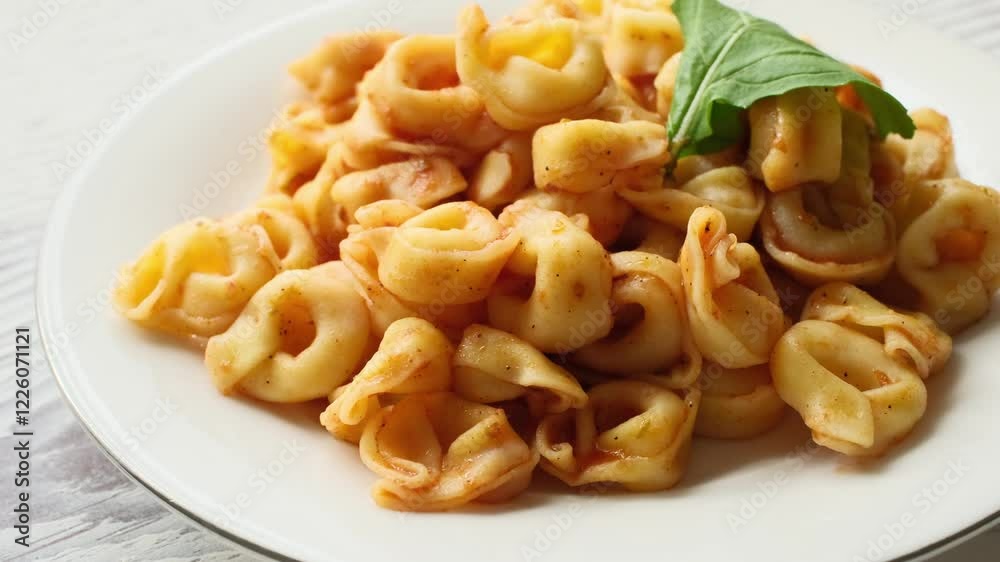 Tortellini with tomato sauce on a white plate