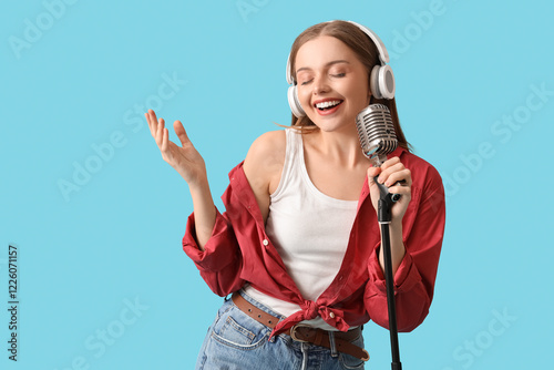 Female singer in headphones with microphone on blue background