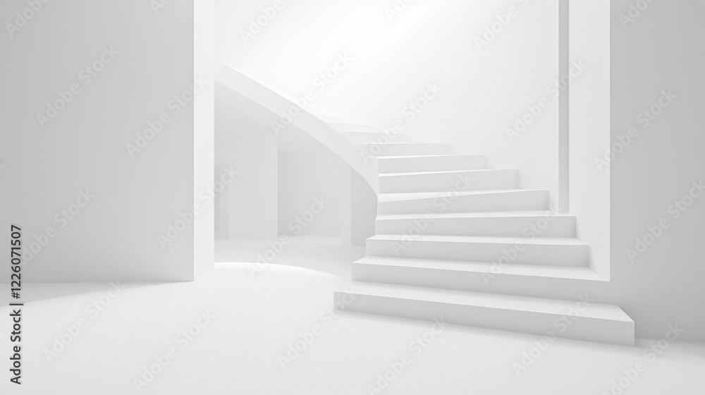 Fototapeta premium Minimalist white interior featuring a curved staircase, soft light illuminating the space, serene ambiance