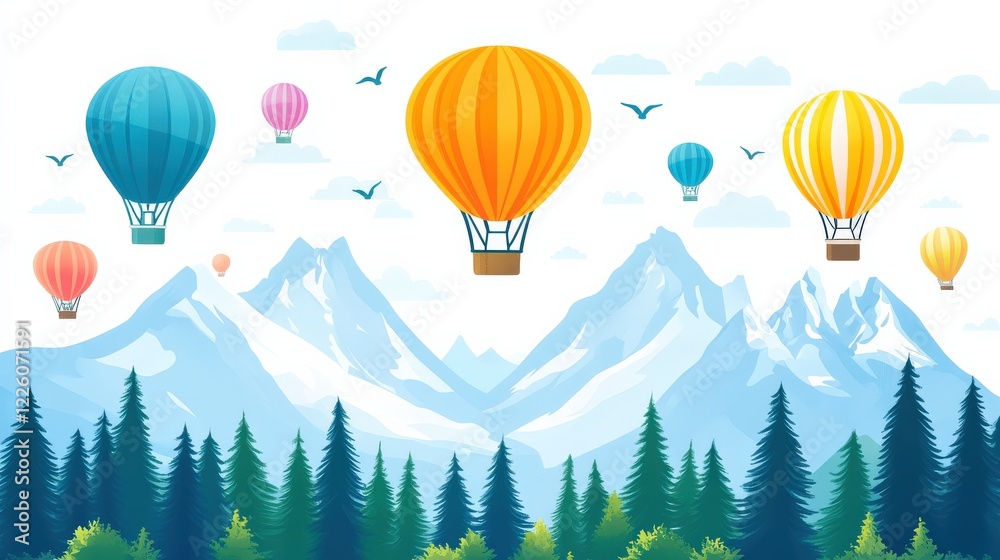 Obraz premium Colorful hot air balloons soaring over majestic mountains and lush green forests under a clear sky