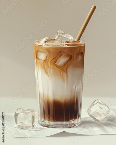 Iced coffee drink with ice cubes and a straw, served in a tall glass on a napkin.