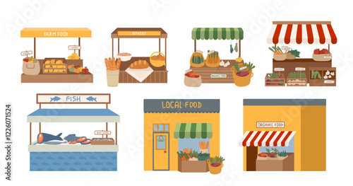 Local food street markets, farm products wooden stalls, fish and bakery building exterior shops