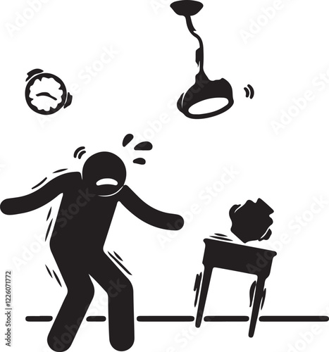 An illustration of a stickman feeling scared of an earthquake inside a house with shaking furniture