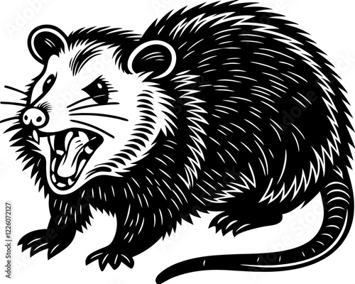 black and white engrave illustration of screaming opossum