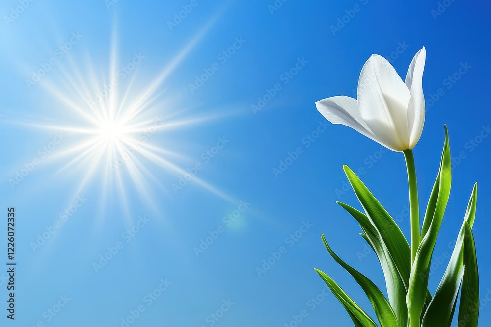 Obraz premium White Flower Against Bright Blue Sky with Radiant Sunlight and Lush Green Leaves