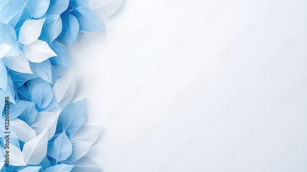 Blue and white leaves border on white background; design template Blue and white leaves border on white background; design template