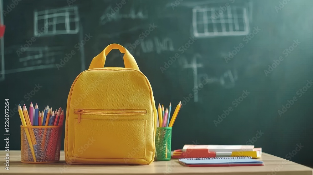 On a wooden desk, a yellow backpack, packed with differently colored pencils, is arranged alongside books and school supplies, with a green chalkboard in the background, representing education and On a wooden desk, a yellow backpack, packed with differently colored pencils, is arranged alongside books and school supplies, with a green chalkboard in the background, representing education and