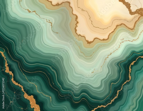 Abstract illustration of green gold marble design. Stylish abstract texture with emerald green hues, golden streaks. Modern art design element for elegant decor fashion. Visually striking backdrop
