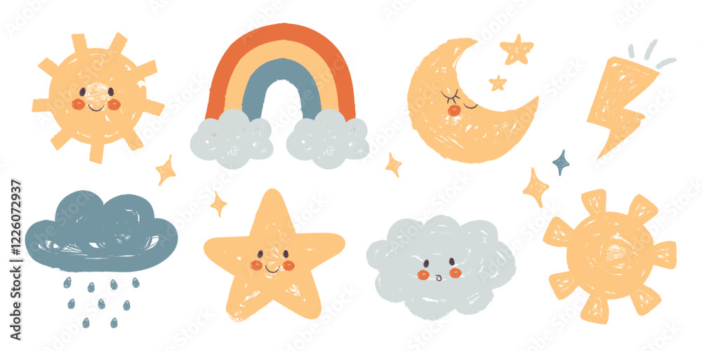 Obraz premium Cute colored sun, cloud, rainbow, moon, lightning bolt natural children drawing isolated set