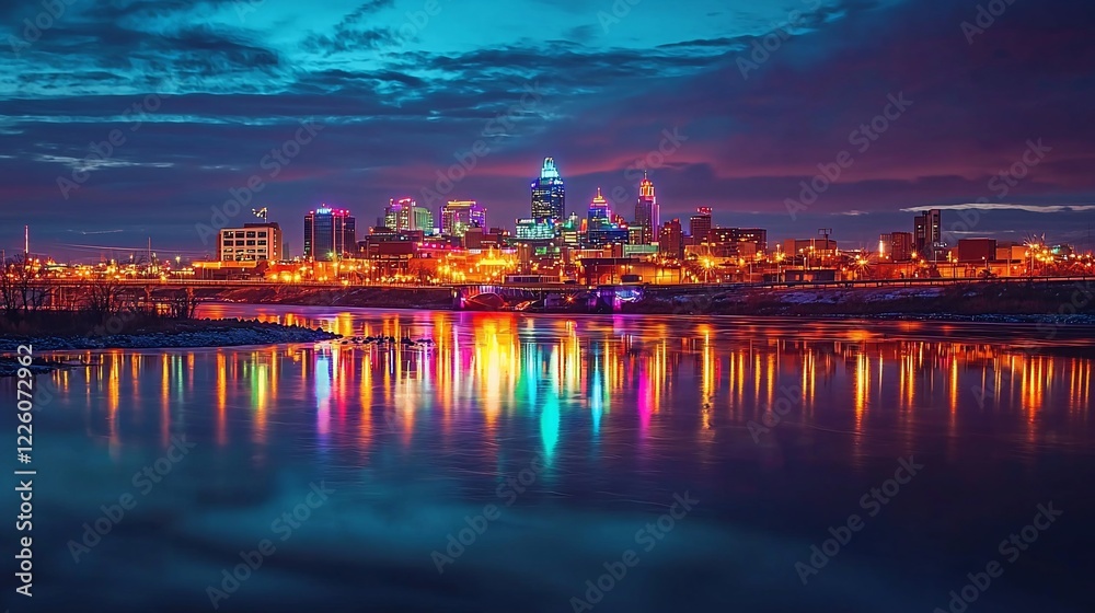 Fototapeta premium Vibrant city skyline at dusk reflecting colorful lights on the water, showcasing urban life and beauty