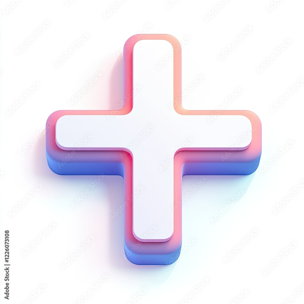 Fototapeta premium 3D rendered plus sign, white with pink and blue gradient.