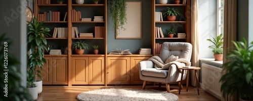Wallpaper Mural Cozy reading nook in home interior. Comfortable armchair with warm throw blanket. Sunlight streams into room warm colors of furniture, wooden bookcases. Houseplants add to peaceful atmosphere. Books, Torontodigital.ca