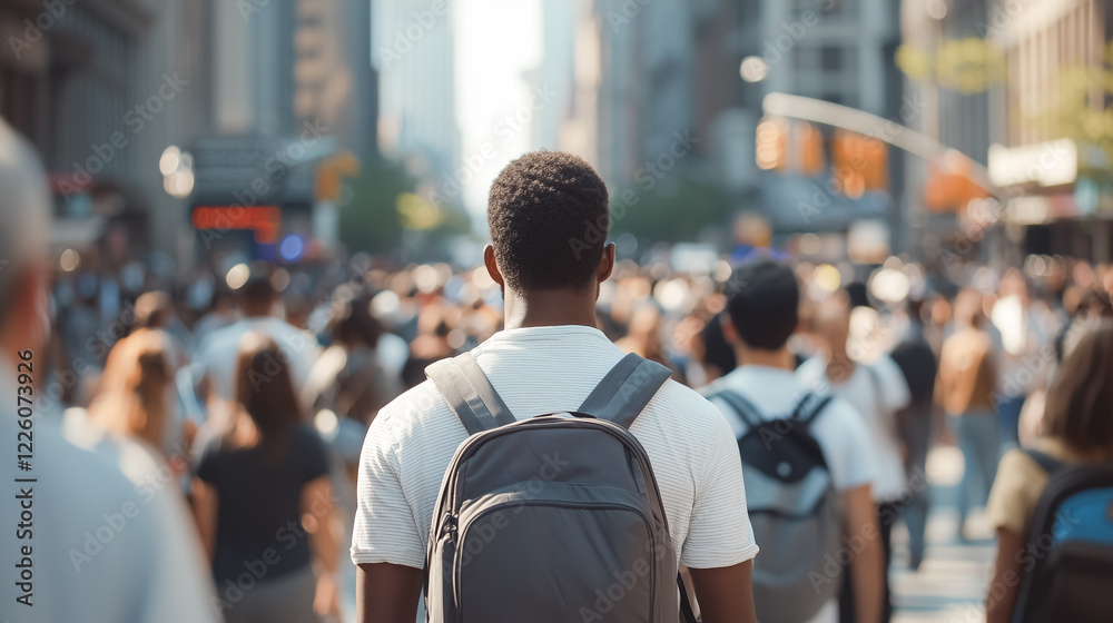 Fototapeta premium Crowded city street at dusk, young explorer with a backpack navigating through