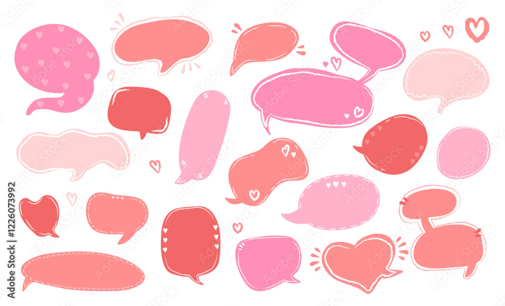 Doodle blank empty pink and red speech bubbles, social media dialogue balloon, message box shape set Doodle blank empty pink and red speech bubbles, social media dialogue balloon, message box shape set