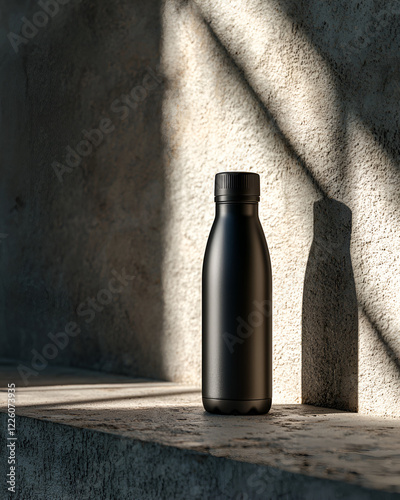 Sleek black water bottle resting on a textured surface, bathed in sunlight.