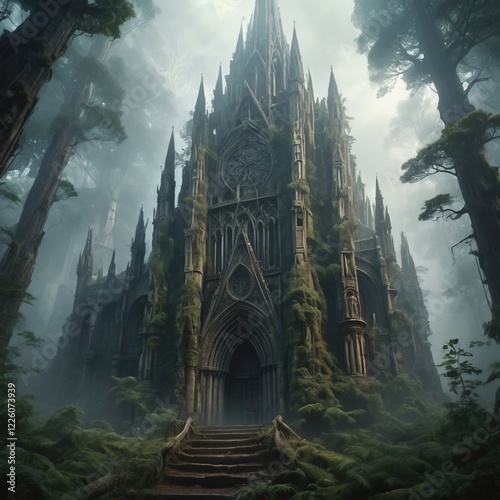 Gothic Castle Surrounded By Lush Trees In A Foggy Ethereal Environment
