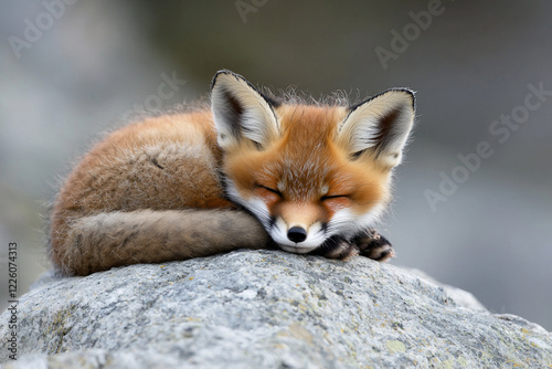A serene red fox curled up and sleeping on a rocky surface in a tranquil natural setting