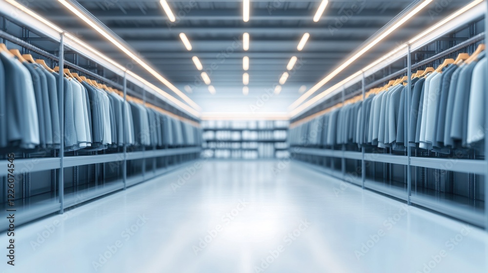 A modern clothing store interior with neatly arranged garments on hangers and bright, ambient lighting creating a spacious feel. A modern clothing store interior with neatly arranged garments on hangers and bright, ambient lighting creating a spacious feel.