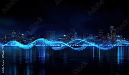 Night Cityscape with Energetic Blue Waves photo