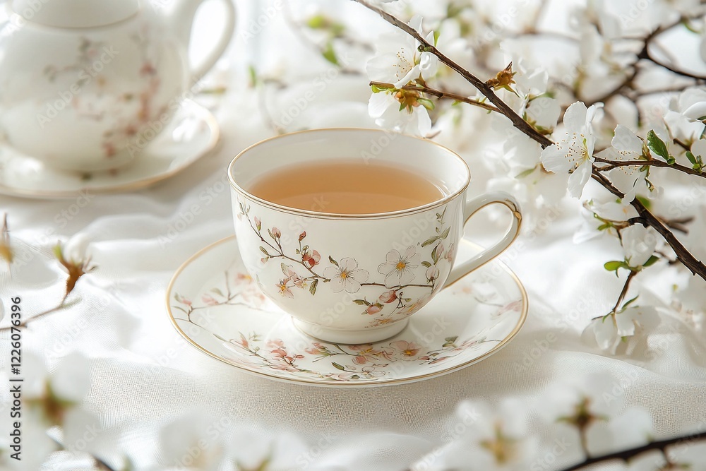 Delicate porcelain tea cup surrounded by cherry blossoms on a soft fabric background, evoking tranquility Delicate porcelain tea cup surrounded by cherry blossoms on a soft fabric background, evoking tranquility