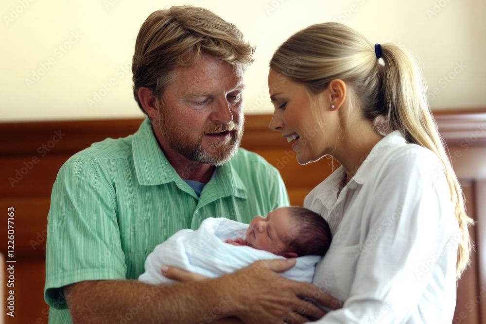 Fototapeta premium Caucasian couple embracing newborn baby at home
