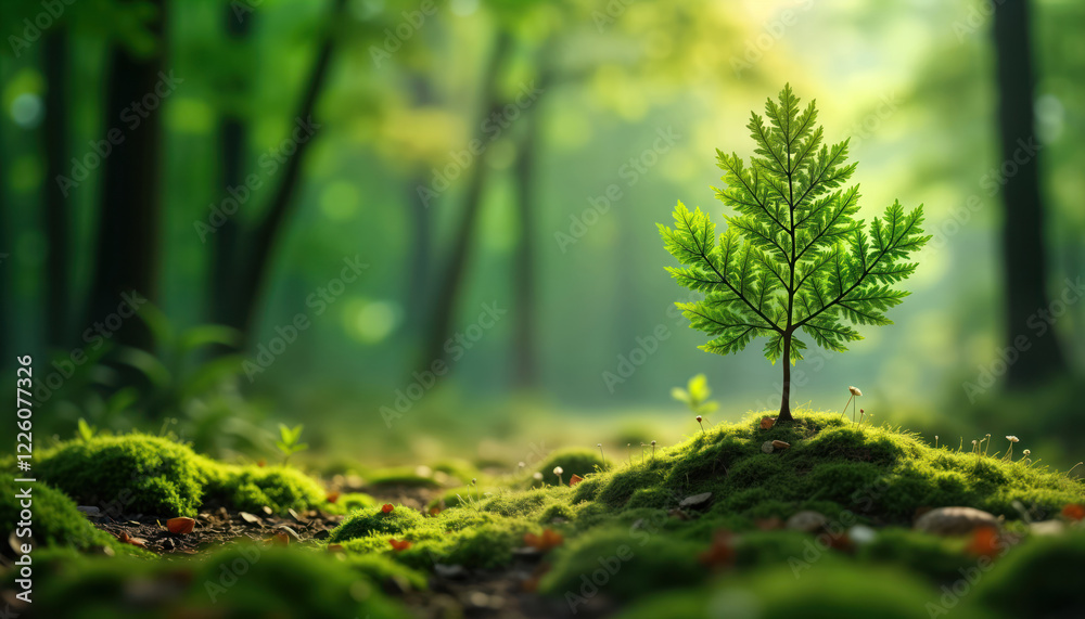 Fototapeta premium Small sapling grows in forest. Green nature background. Concept of new life, planting. Focus on springtime growth, nature conservation. Fresh, vibrant colors. Horizontal photo. No people. Ideal for