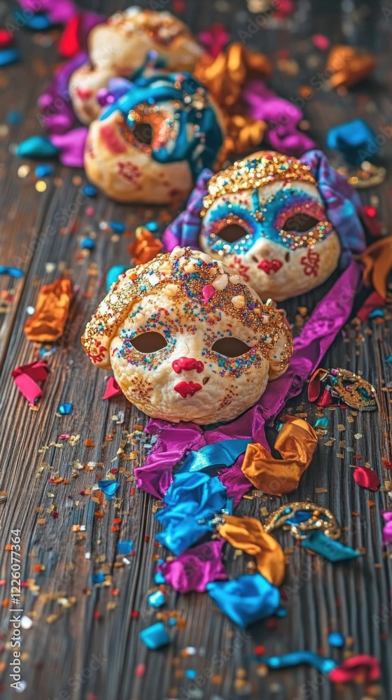 Fototapeta premium Colorful venetian masks with glitter and sequins on wooden surface