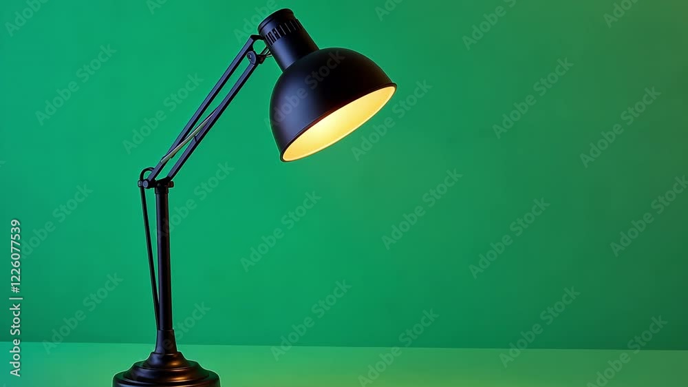 Pushing towards a close up of a black, swing arm desk lamp sitting on a desk against a chroma key green screen. Pushing towards a close up of a black, swing arm desk lamp sitting on a desk against a chroma key green screen.