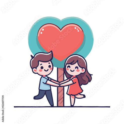 Illustration of a Romantic Couple meeting at a Love Tree