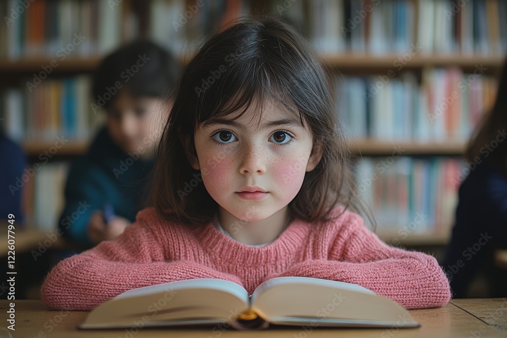 In the library's reading room, a young girl sits at a table, focused on her homework In the library's reading room, a young girl sits at a table, focused on her homework