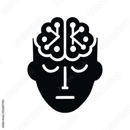 electronic brain icon, cybernetic human mind symbol, artificial intelligence, simple flat black isolated on transparent