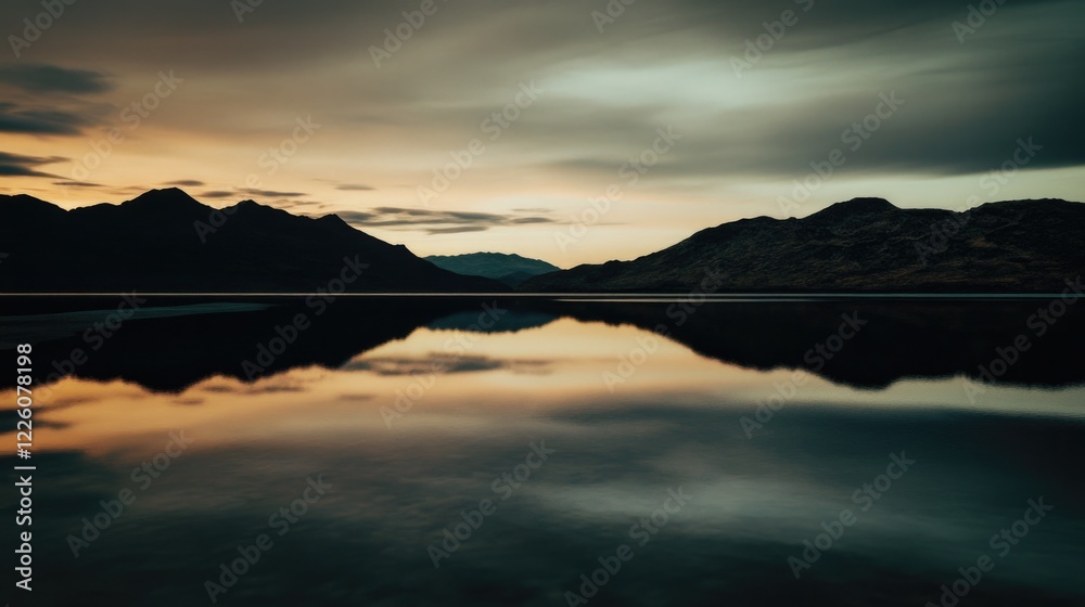 Fototapeta premium Serene mountain lake at sunrise with reflective water and dramatic sky